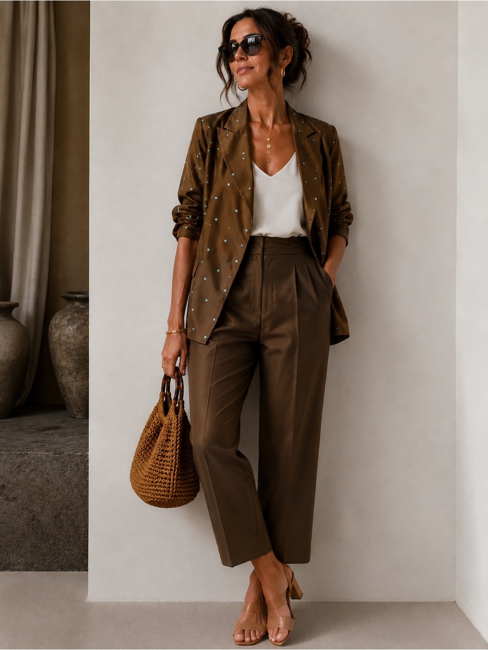 lisbeth Vintage Jacket and Pants Brown Two-Piece Silk Suit Size 10